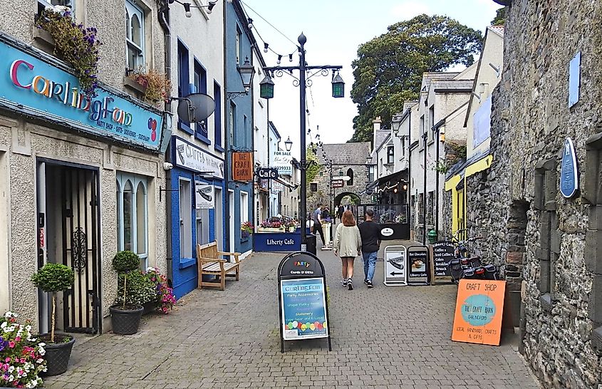 Tholsel St. in the town center of Carlingford, Ireland. 