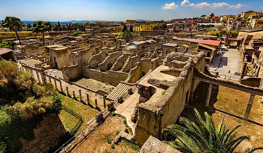 Ruins of Herculaneum (UNESCO World Heritage Site) - general view. There are the Palestra in the foreground and Decumanus Maximus in the right