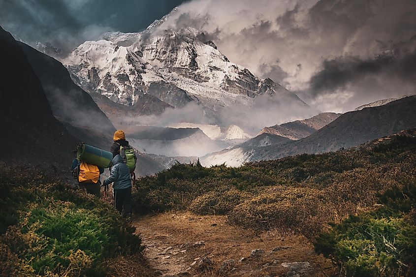 A group of Himalayan hikers moving towards a massive snowy mountain in the distance.