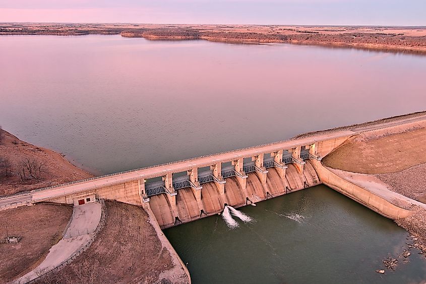 Winter sunset at Toronto Lake Dam in Kansas.