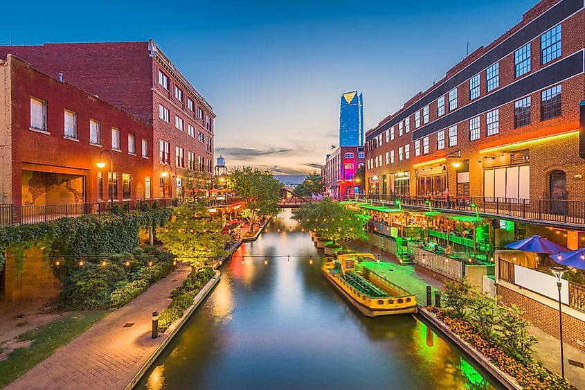 Oklahoma City, Oklahoma, cityscape in Bricktown at dusk wtih vibrant colors. 