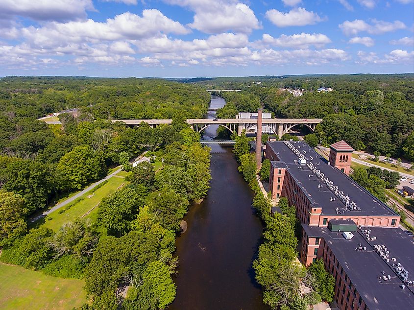 Aerial view of Ashton Mill and George Washington Bridge over the Blackstone River between Cumberland and Lincoln, Rhode Island, USA.