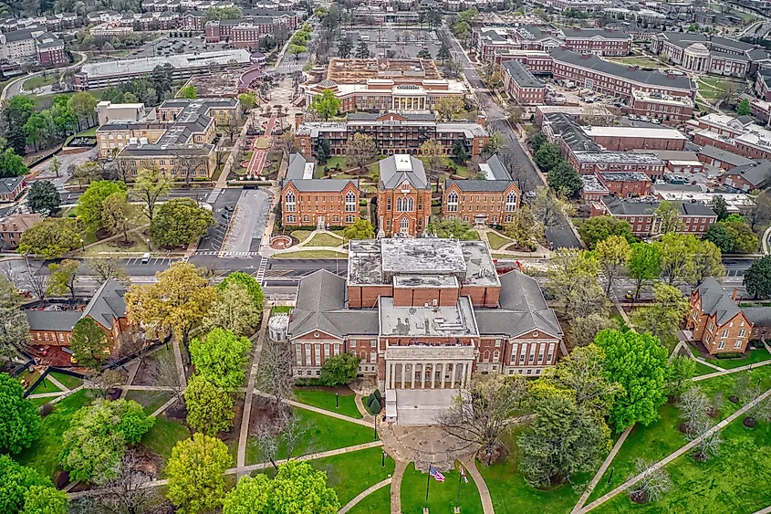 Aerial View of a large public University in Tuscaloosa, Alabama