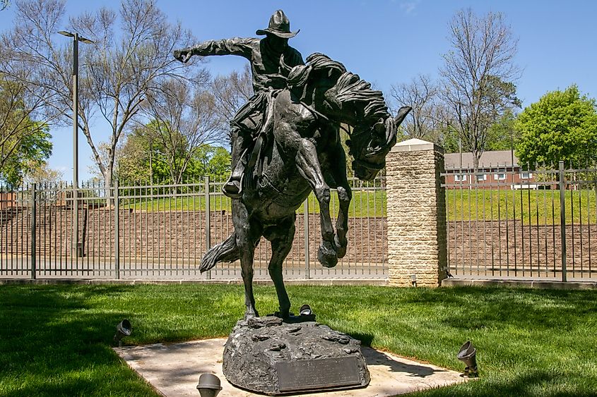 Beautiful old cowboy and his horse statue displays a rough ride in Cartersville, Georgia.