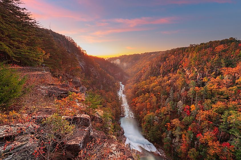 Tallulah Falls in the Tallulah Gorge State Park draped in fall colors.