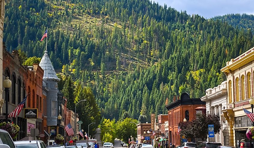 Main street with it's turn of the century brick buildings in the historic mining town of Wallace, Idaho, in the Silver Valley area of Northwest USA