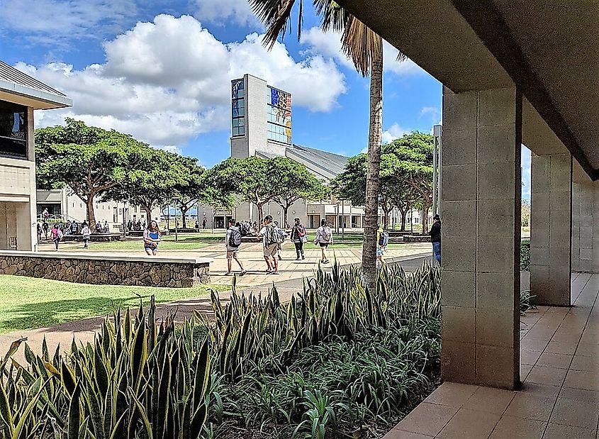 The University of Hawaii-West Oahu campus courtyard at midday.