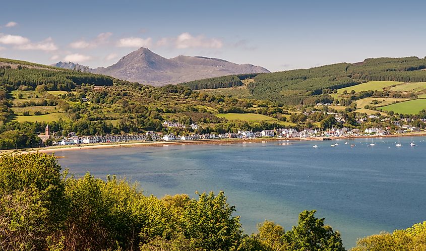 Houses along the shore of Lamlash Bay on the Isle of Arran in Scotland.