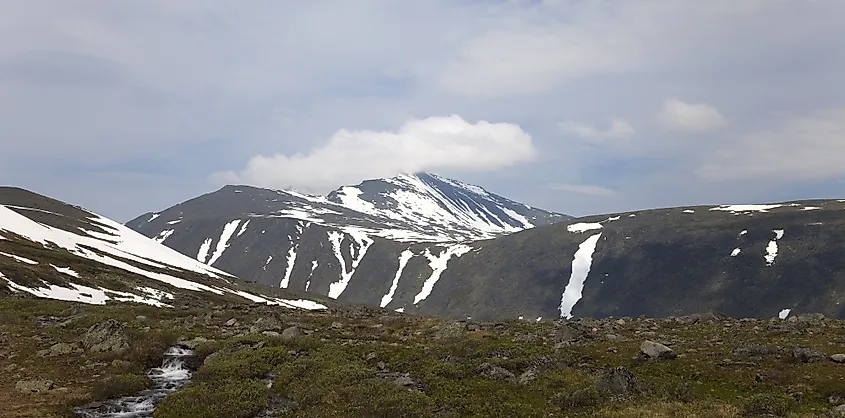 Panoramic view of mount Naroda (or Narodnaya), the highest peak of the Urals. Polar Urals, Russia