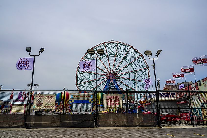 Wonder Wheel at the Coney Island amusement park celebrates 100th season. Deno's Wonder Wheel a hundred fifty foot eccentric Ferris wheel. Editorial credit: Leonard Zhukovsky / Shutterstock.com