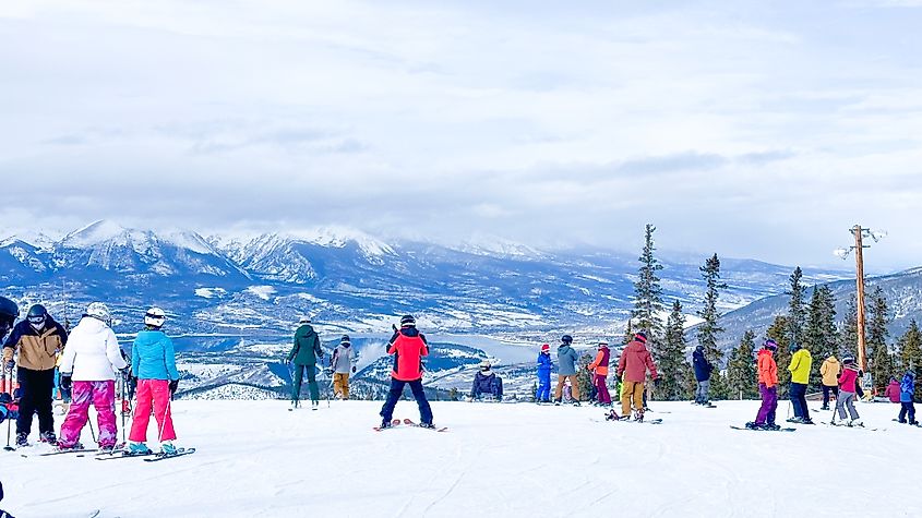 A group of skiers ready to descend the slopes at Keystone, Colorado