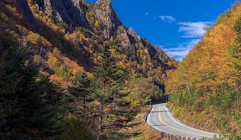 A highway winds through the Dixville Notch mountain pass in New Hampshire.