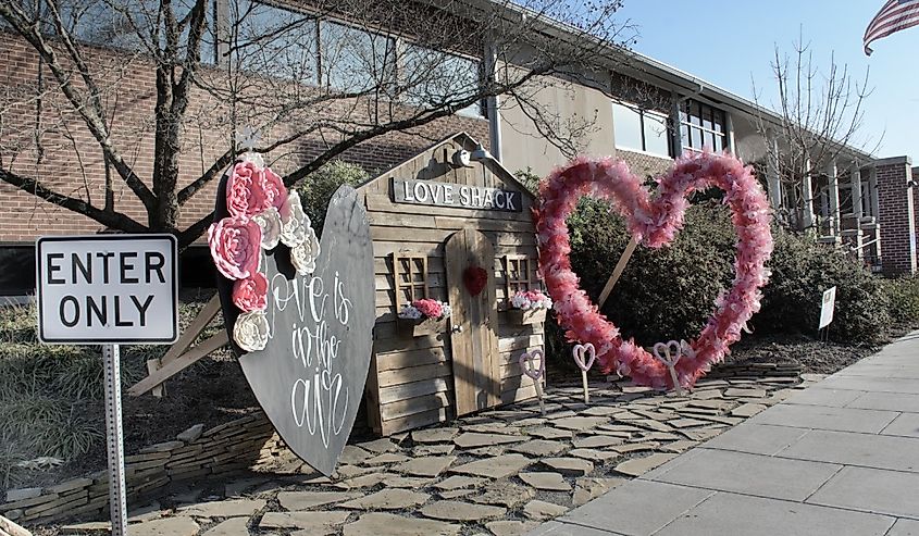 Valentine's Day decorations in Guntersville, Alabama.
