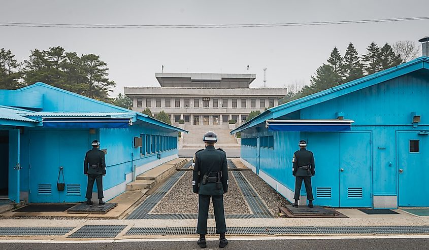 South Korean soldiers stand guard at the Demilitarized Zone on the North Korean border