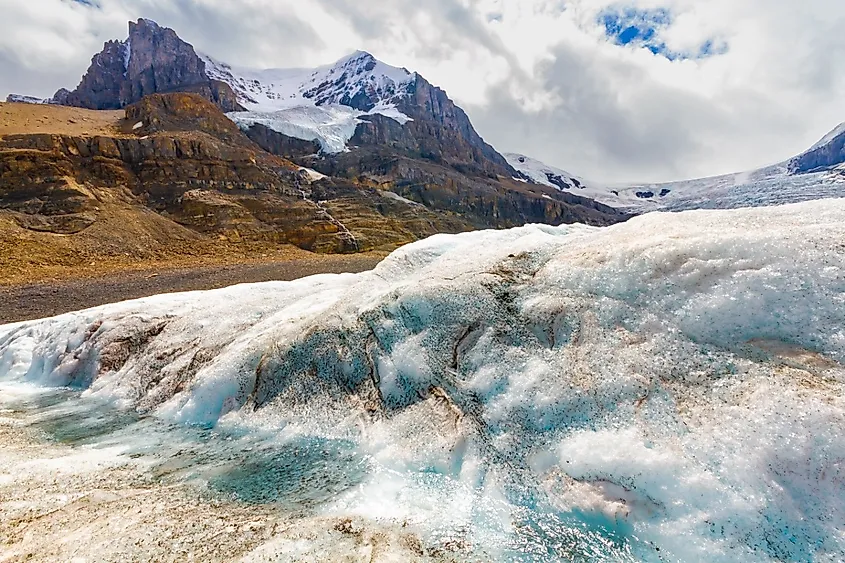 The landscape of the Rocky Mountains. The ice field and the Athabasca glacier. Jasper National Park, Columbia Icefields, Alberta, Canada
