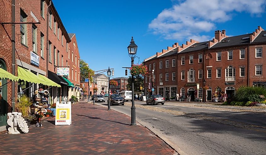 Newburyport, Massachusetts - October 7, 2021: Street scene in the historic seaport city of Newburyport in Massachusetts seen from tourist area of Market Square.