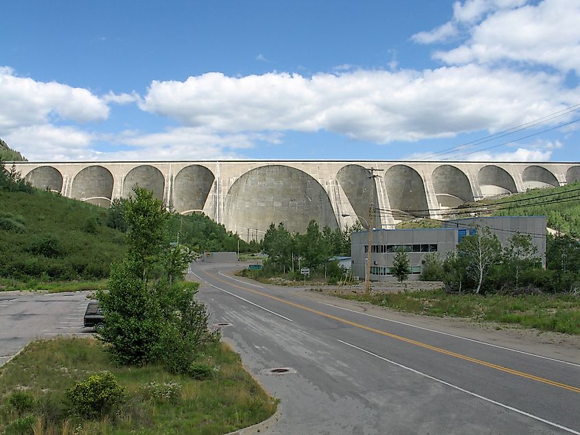 The Daniel-Johnson Dam, located 214 km north of Baie-Comeau, Quebec.