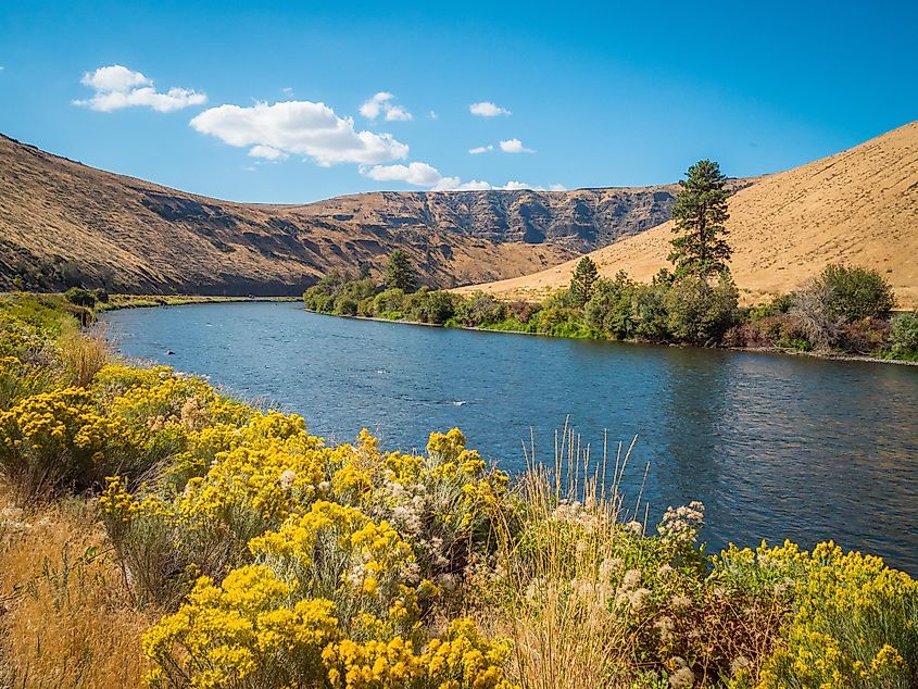 Amazing landscape - big blue river among hills. Yakima Canyon road, Washington