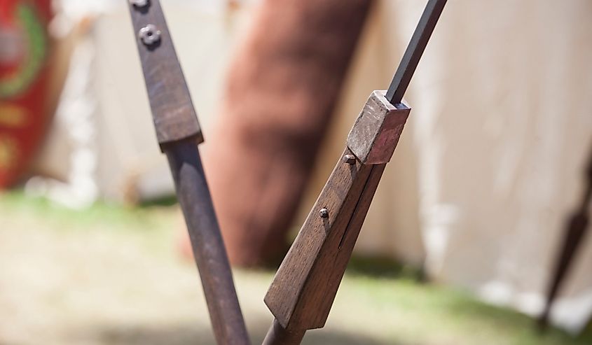 Pilum or roman javelins at military camp