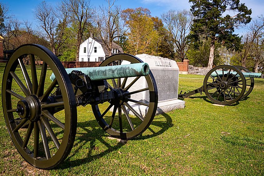 Cannons and a stone plaque at the Shiloh National Military Park