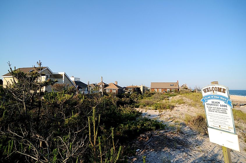 View of Ocean Beach Village coastline on Fire Island