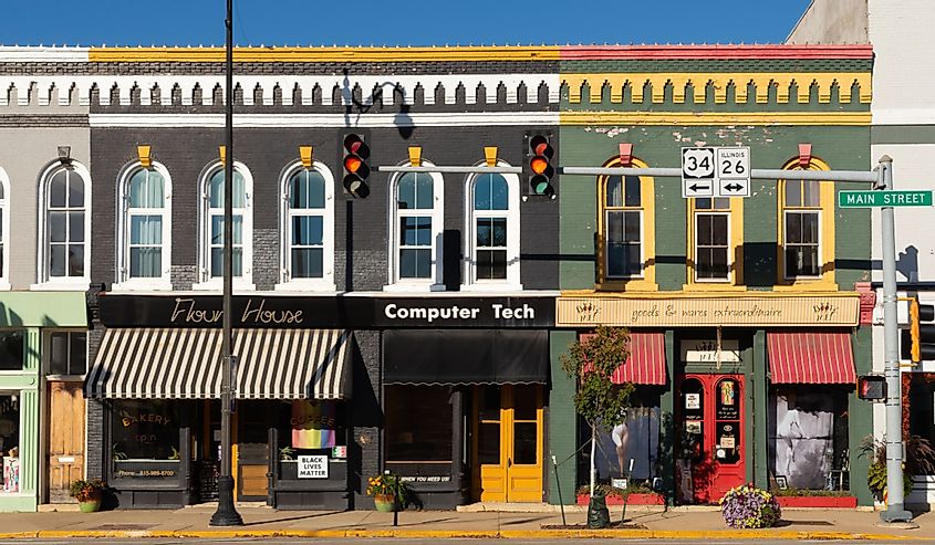 Colorful old brick buildings and storefronts in downtown Princeton, Illinois.