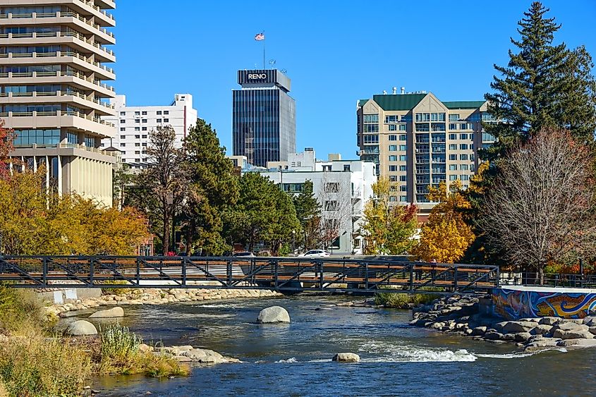 Truckee River sparkles in the autumn sunlight alongside the River Walk in Reno, Nevada.