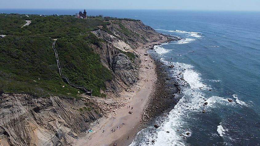 Aerial view of the Mohegan Bluffs in Block Island, Rhode Island.