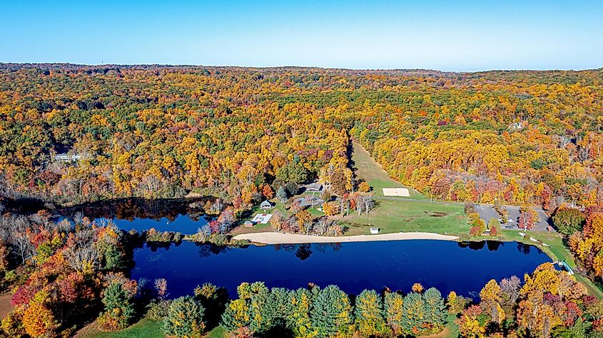 Aerial view of Cheshire, Connecticut with fall colors.