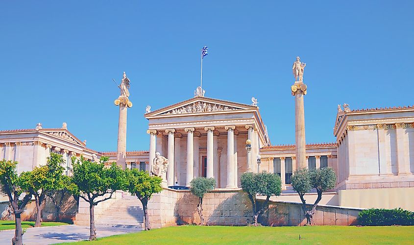 The National Academy of ancient Athens with the statues of Plato, Socrates, Athena and Apollo.