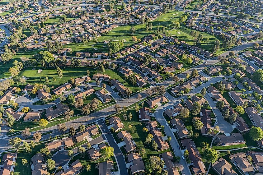 Aerial view of homes and adjacent golf course in suburban Camarillo, California.