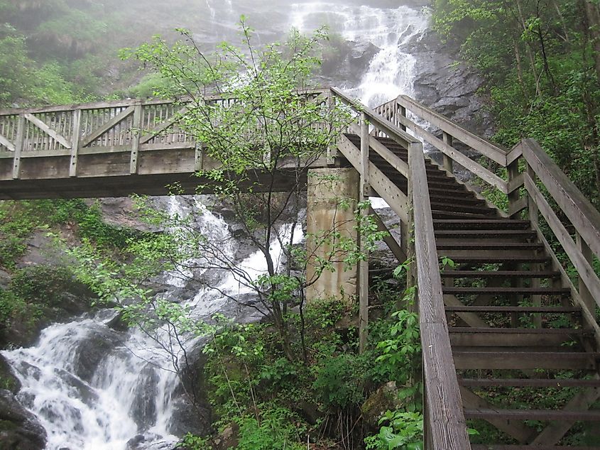 Amicalola Falls near Dahlonega, Georgia, with stairs to a viewing platform. 