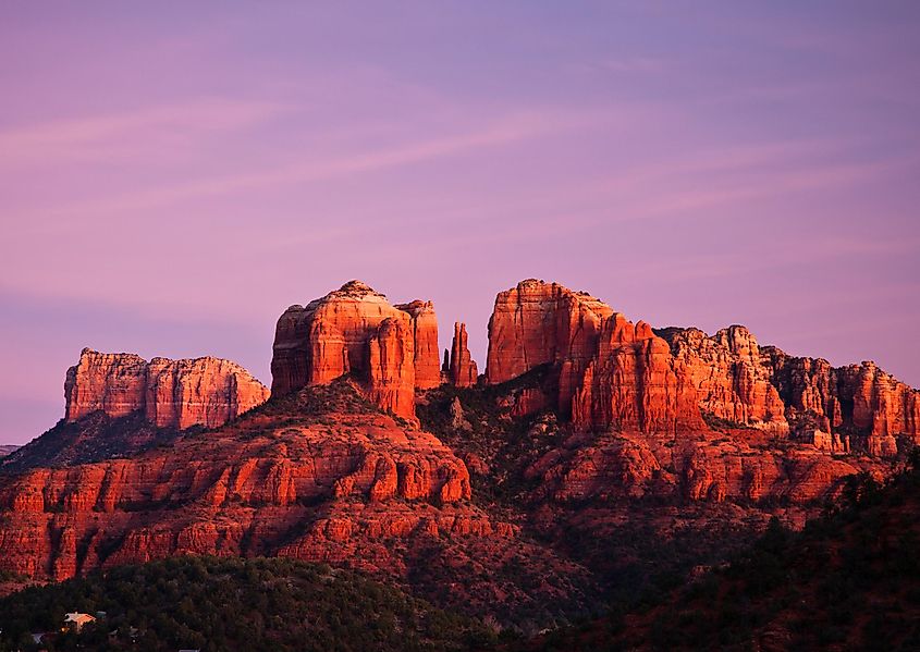 Cathedral Rock in Sedona, Arizona in the beautiful colors of sunset.