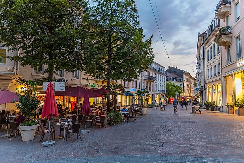 Sunset view of a street in the old town of Baden Baden in Germany