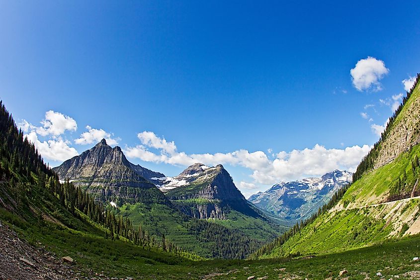 Wide angle view of Glacier National Park from the top of Logan's Pass.