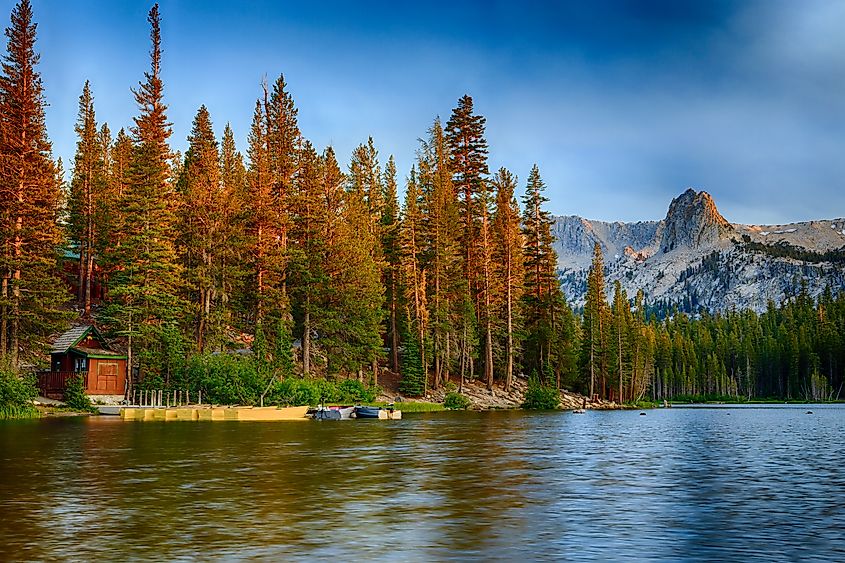 Lake Mamie Boat House near Mammoth Lakes at sunrise in the California Eastern Sierra Mountains.