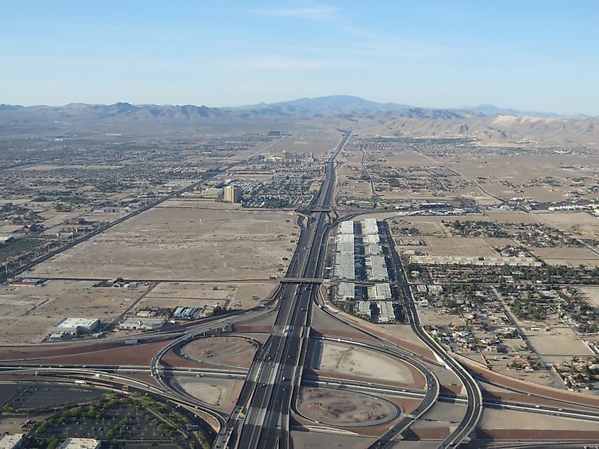 Aerial view of the I-15/I-215 interchange in Enterprise.