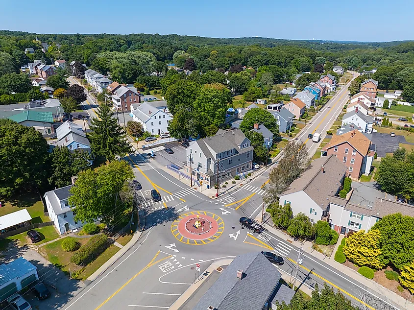 Albion historic village center aerial view in summer on Main Street at School Street in town of Lincoln, Rhode Island.