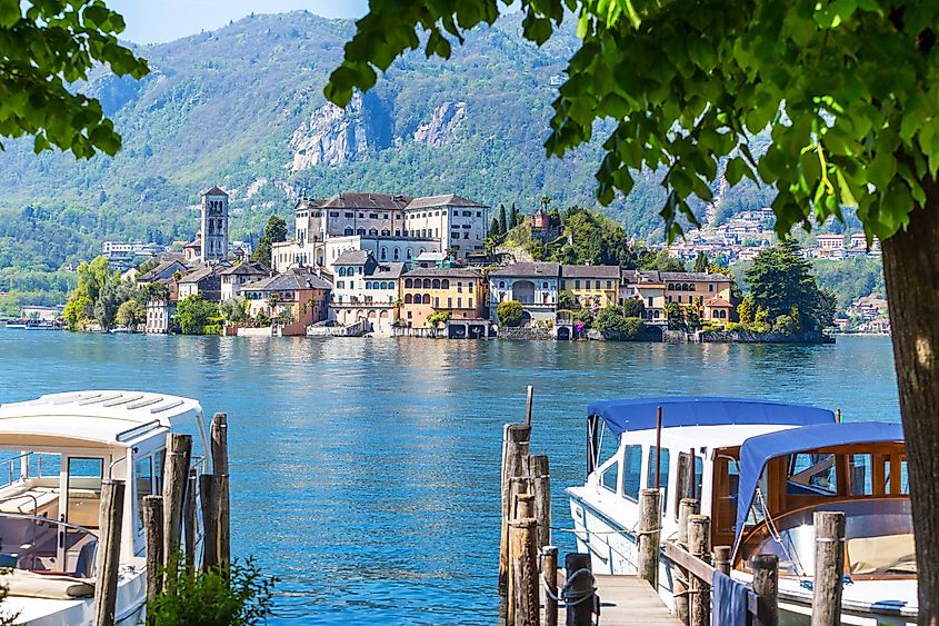 View of San Giulio island at Lake Orta, Piedmont, Italy