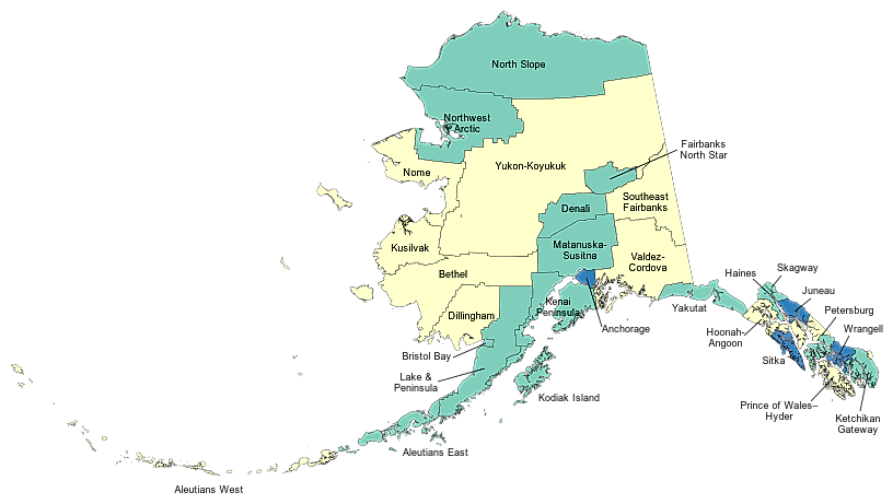 Alaska boroughs and census areas map (BorderRegions, CC BY-SA 4.0, via Wikimedia Commons)