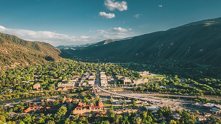 Aerial view of the Town of Glenwood Springs, Colorado in the Roaring Fork Valley