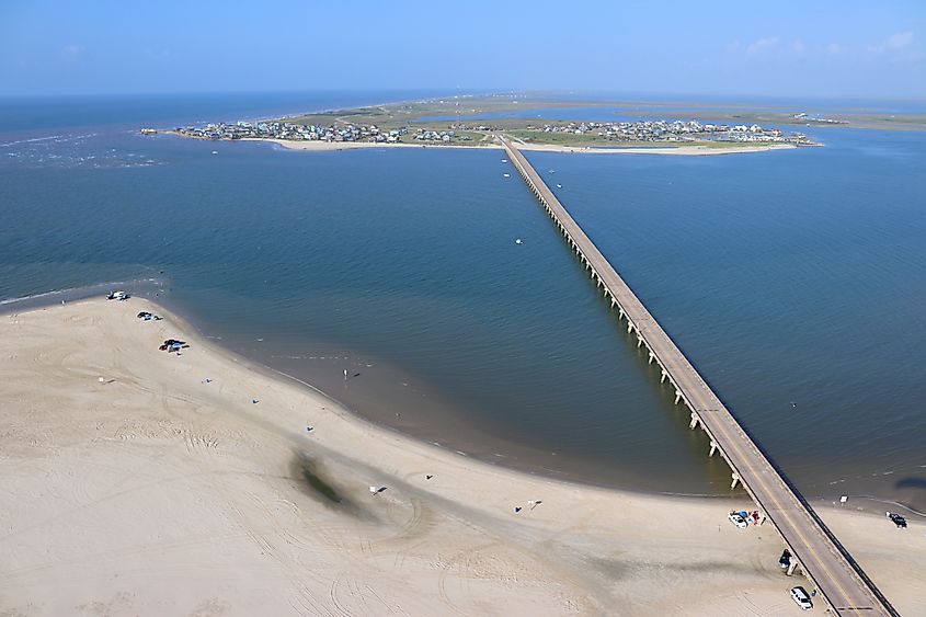Aerial view of the Southern Texas shoreline, Galveston Island towards San Luis Pass, United States of America.