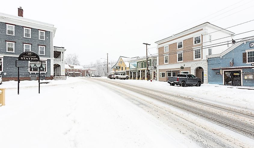 Winter storm covers the main street in the small town of Kingfield, Maine.