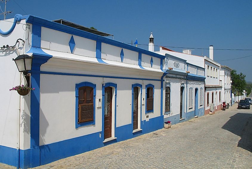 Blue and white buildings in Cacela Velha.
