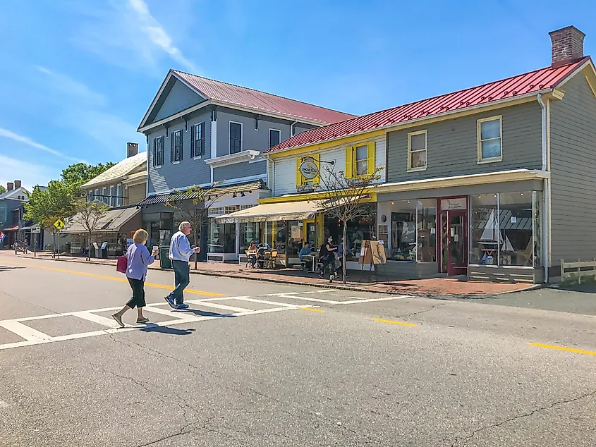 Street scape view of shops and restaurants in the historic downtown of St. Michaels.