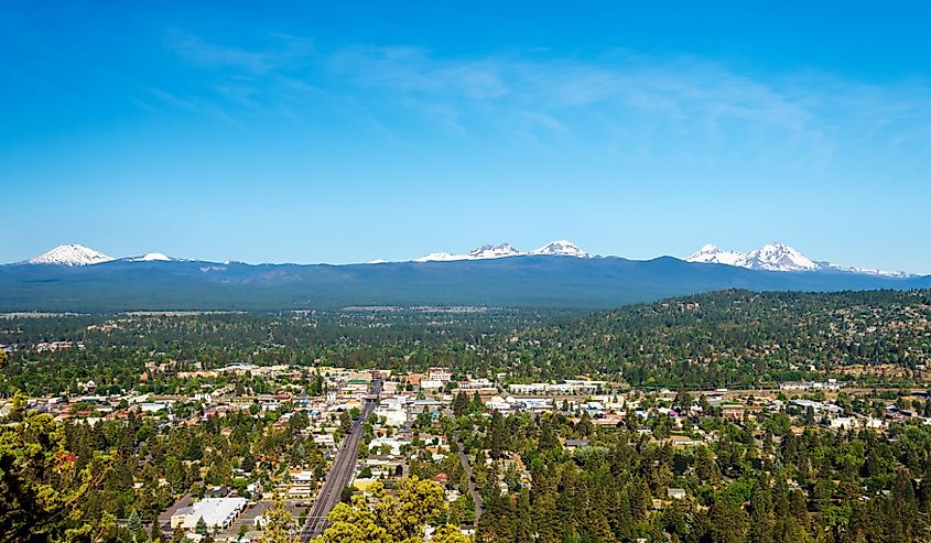 View of Bend and part of the Cascade Mountain Range in Central Oregon