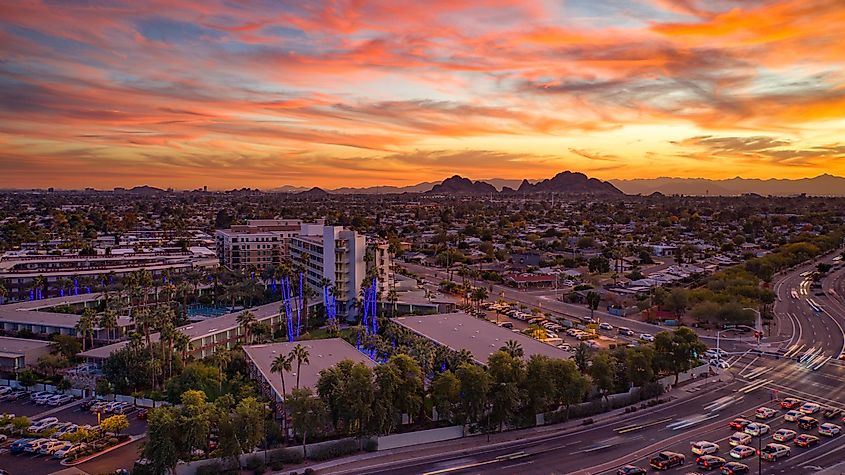 Urban sunset over downtown Scottsdale Arizona