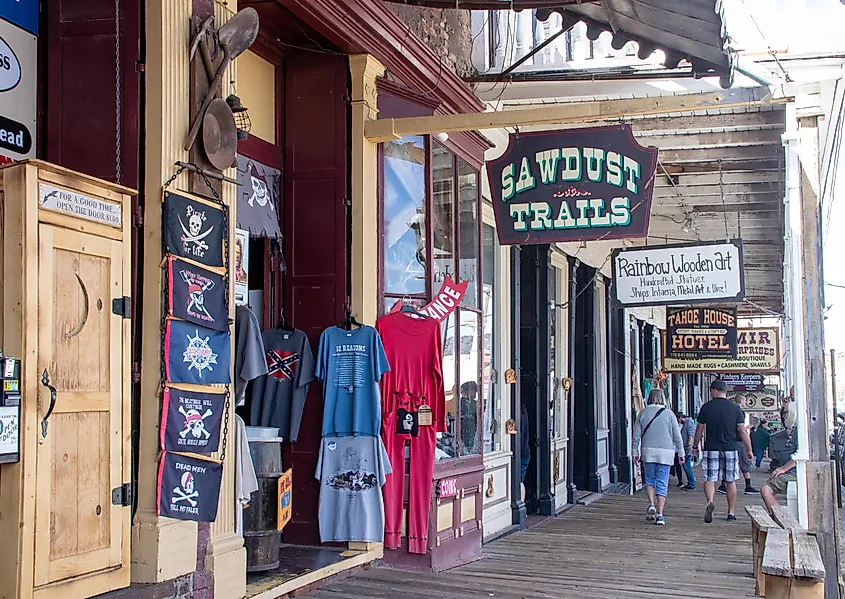 Virginia City, Nevada / USA - 09/09/19: Stores Along the Streets of Old Gold and Silver Mining Town of Virginia City. Editorial credit: Arne Beruldsen / Shutterstock.com