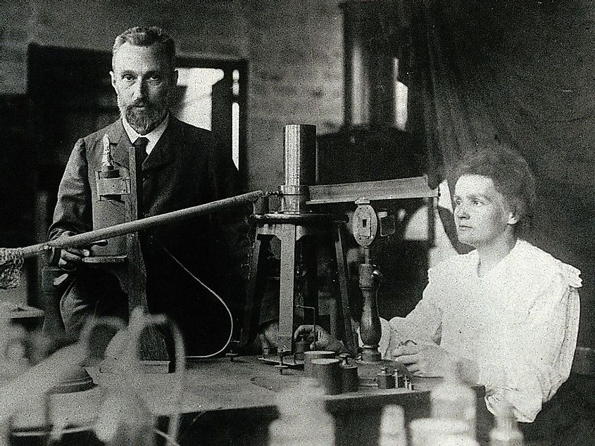 Pierre and Marie Curie in the laboratory, black and white photo