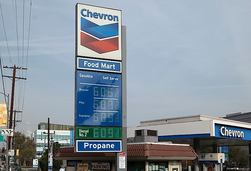 Staggering gas prices at over six dollars per gallon at a Chevron station in Los Angeles on - November 19, 2021. Editorial credit: MSPhotographic / Shutterstock.com